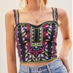 Anthropologie Black Embroidered Cropped Bustier Tank with Pink & Green Accents
